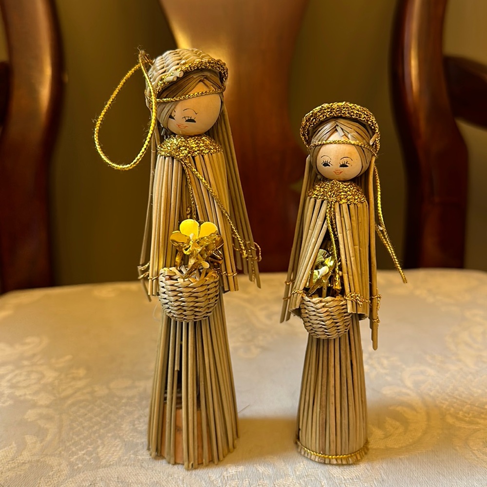 Vintage handmade straw, wood Christmas angels with golden accents